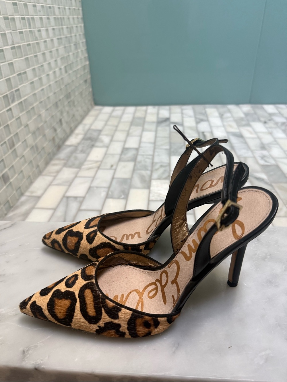 SAM EDELMAN Leopard Print Pointed Slingback Heels - Black & Tan